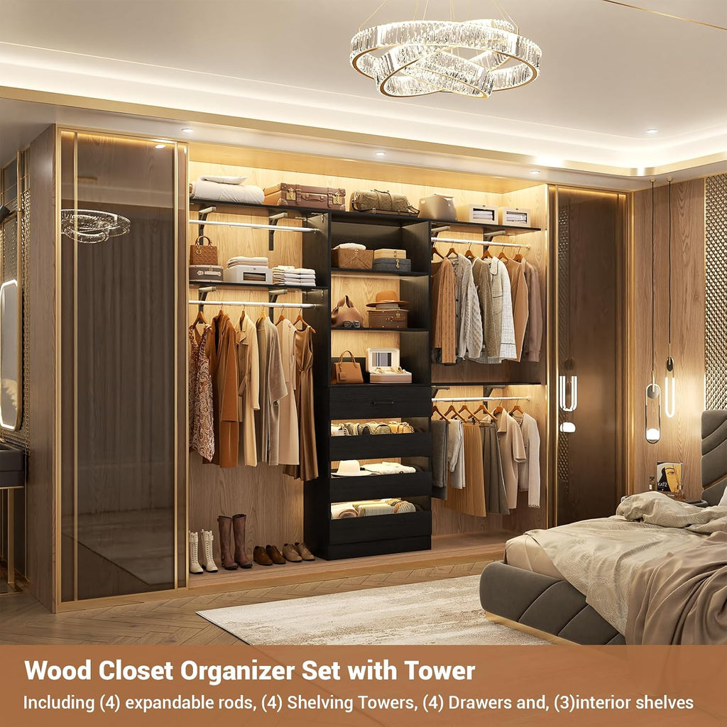 Closet System, 8FT Closet Organizer with 4 Wooden Drawers, Wood Closet Organizer System with Tower, Walk-in Closet