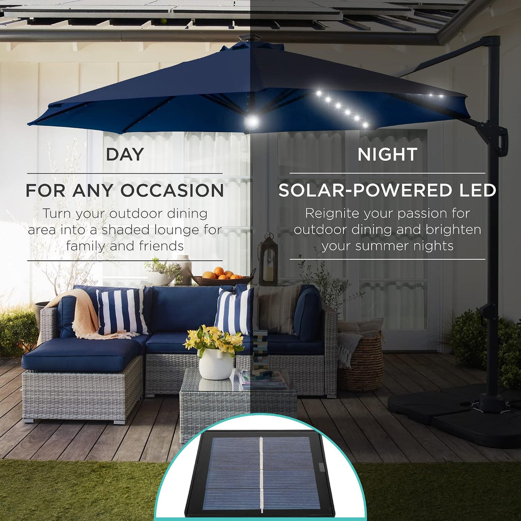 10ft Solar LED Cantilever Patio Umbrella, 360-Degree Rotation Hanging Offset Market Outdoor Sun Shade w/Lights - Navy Bl