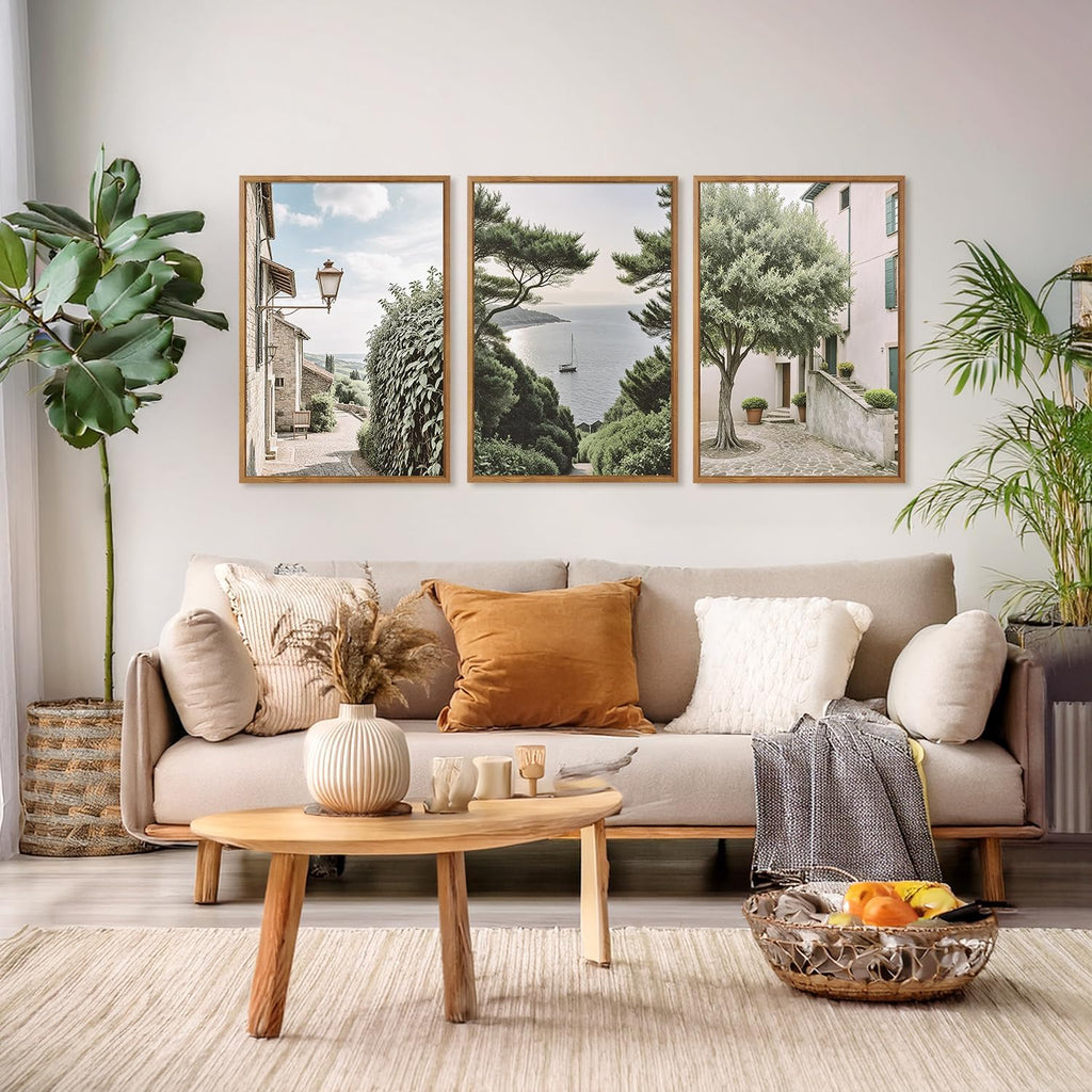 Neutral Italy Cityscape Gallery Framed Wall Art(16"x24"), 3PCS Vintage Mediterranean Countryside Landscape Canvas
