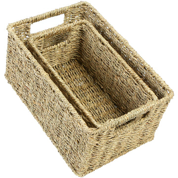 Wicker Baskets for Storage, Seagrass Baskets with Dual Handles, Woven Baskets for Shelves, Set of 2, Natural
