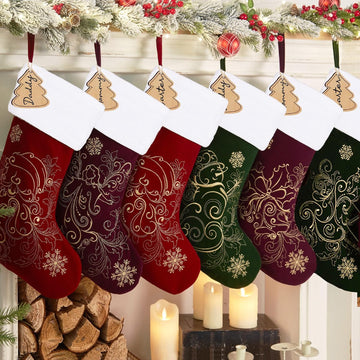 Velvet Christmas Stockings 6 Pack Large 20 Inches with Hanging Loop Embroidery Classic Luxury Family Ornament - Set of 6