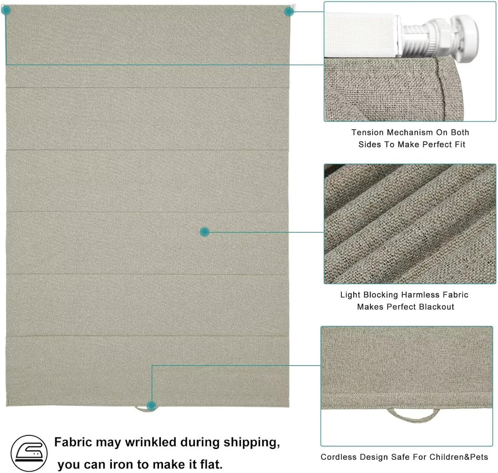 No Drill Roman Shades Cordless Blinds Blackout for Indoor Windows, Room Darkening Black Out Tension Rod No Hardware