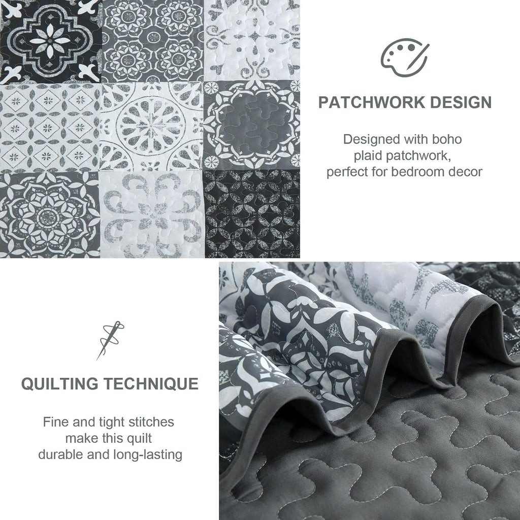 Grey Black Quilt Set, Boho Plaid Patchwork Bedspreads Coverlet Set, 3 Pieces Soft Lightweight Microfiber