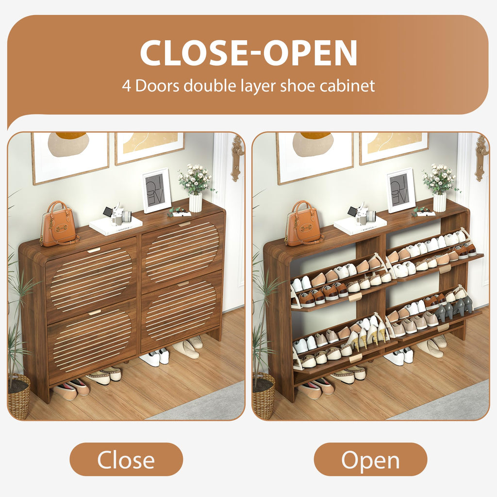 47" Large Shoe Storage Cabinet with 4 Flip Drawer Arched Fluted Pattern, Farmhouse Hidden Narrow Curved Corner Shoe