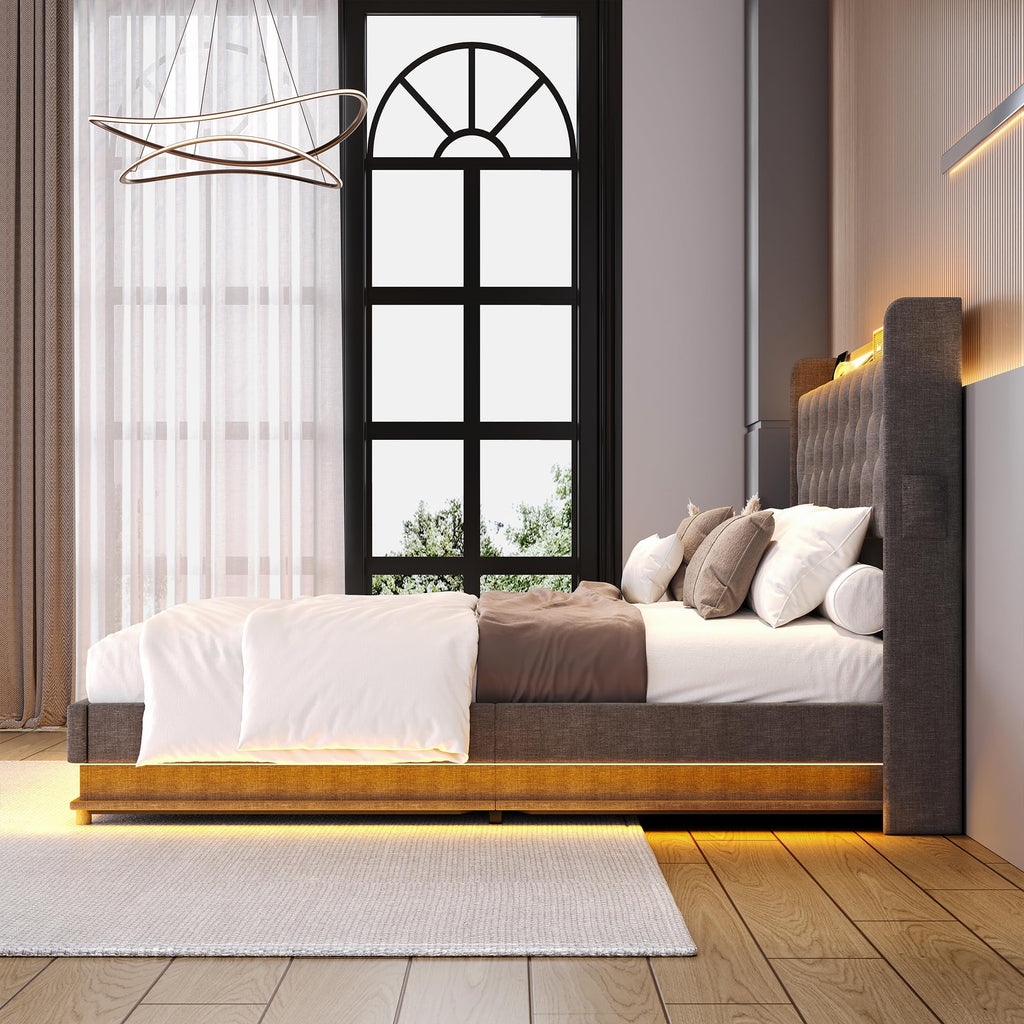 Full Size Bed Frame with Headboard, Lift Up Storage Bed Frame with Charging Station&Led Lights, Upholstered Platform