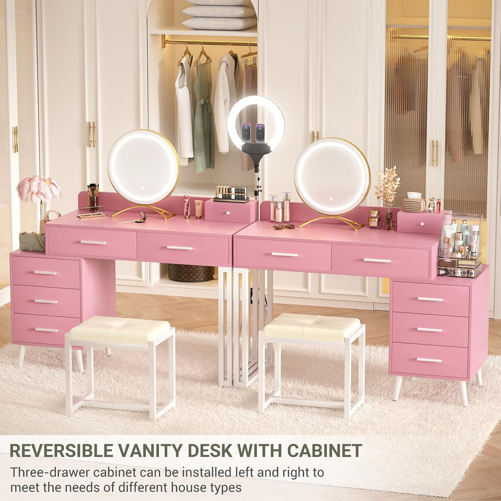 Pink Vanity Desk with Mirror and Lights, Modern Makeup Vanity Table Set with 6 Storage Drawers and Cushioned Stool