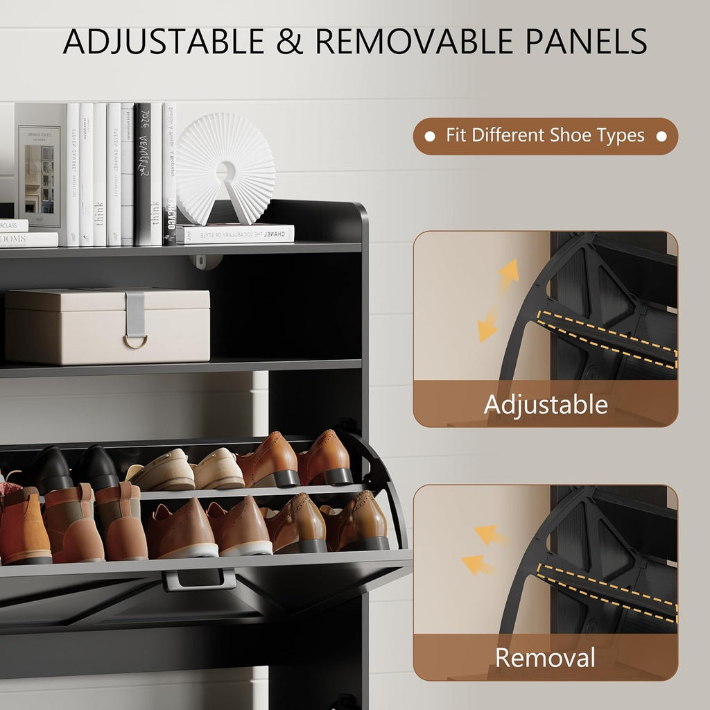 Shoe Cabinet with 2 Flip Drawers, Freestanding Hidden Shoe Storage Organizer , Narrow Slim Shoe Rack Cabinet with
