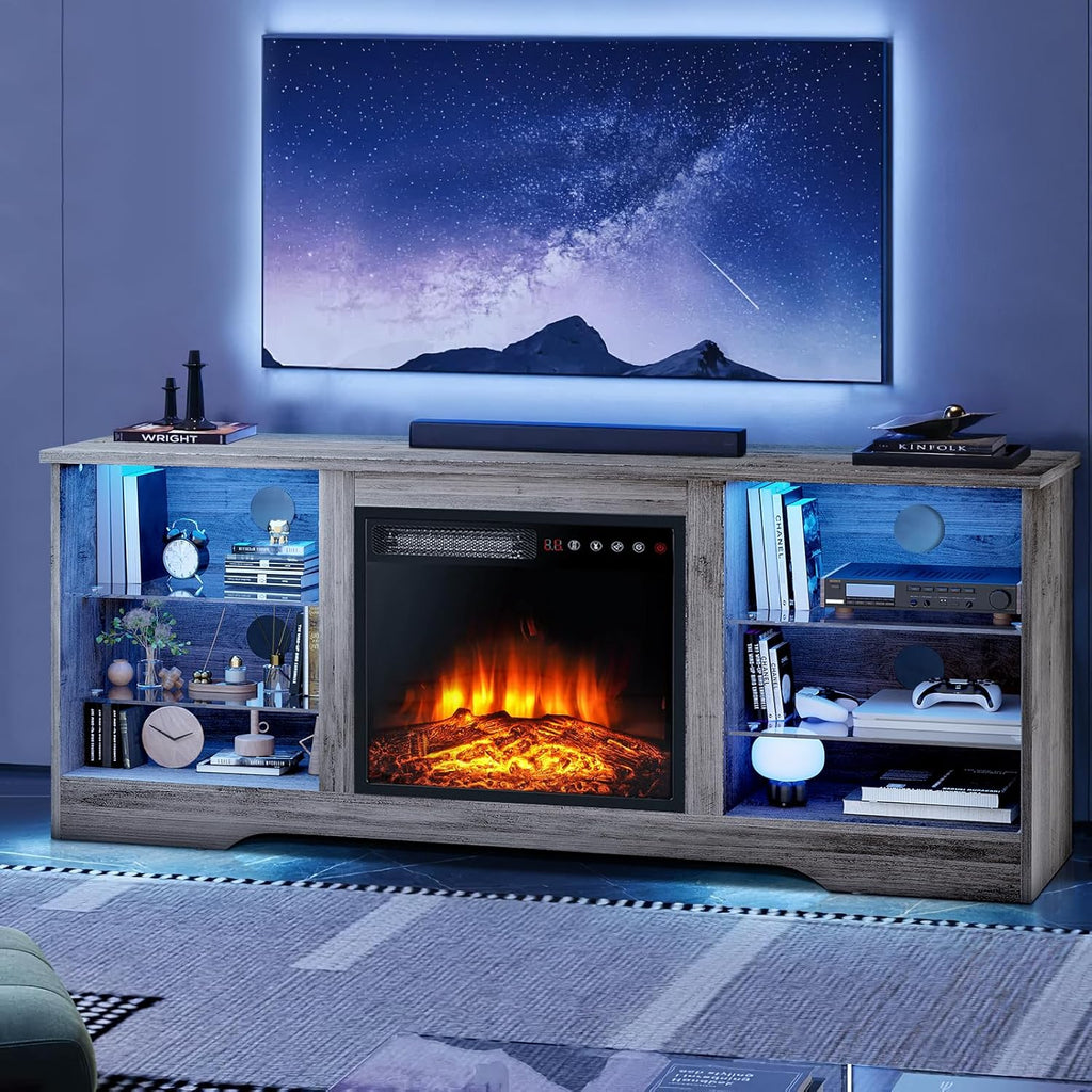Fireplace TV Stand for TVs up to 65 Inches, Modern Entertainment Center with Built-In Electric Fireplace Heater and Adjustable Glass Shelves, Grey