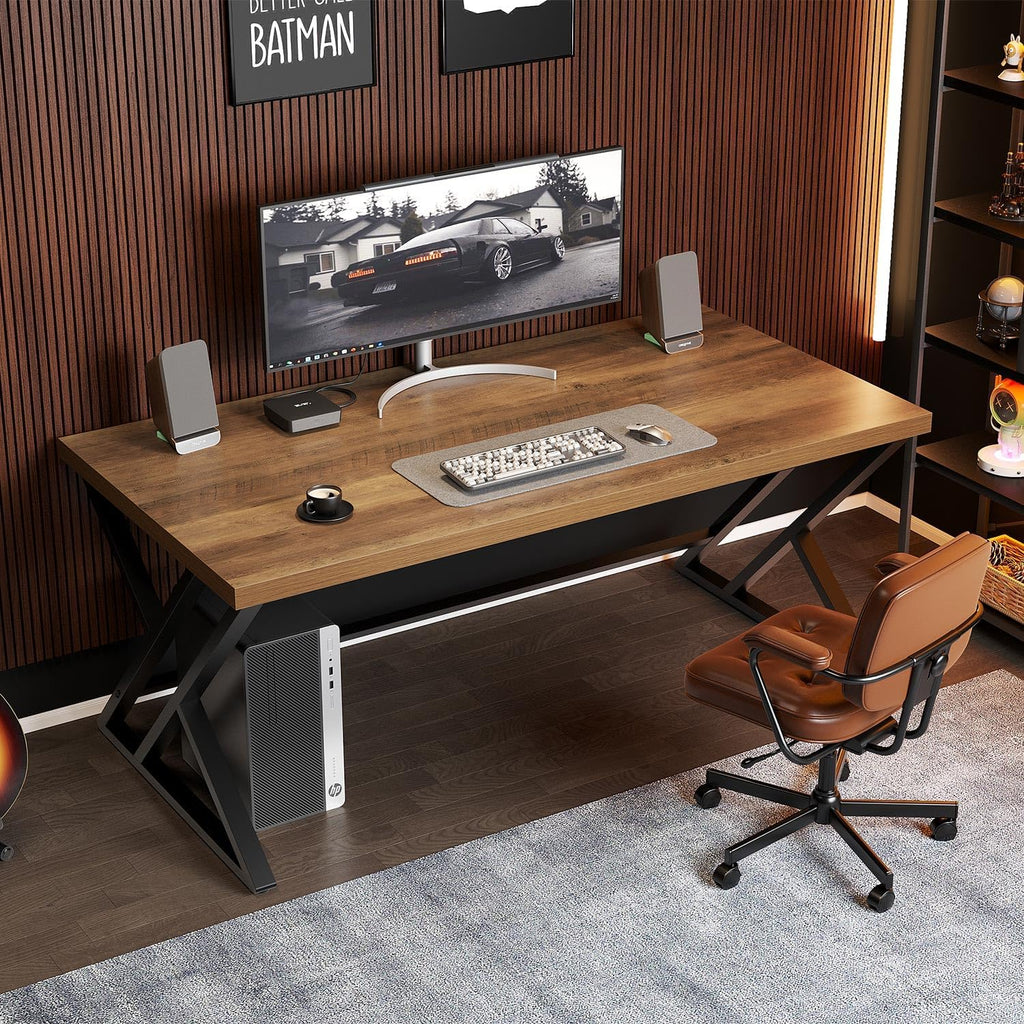 Wood Computer Desk, Rustic Home Office Executive Desk, Industrial Wooden Computer Writing Study Work Gaming Table