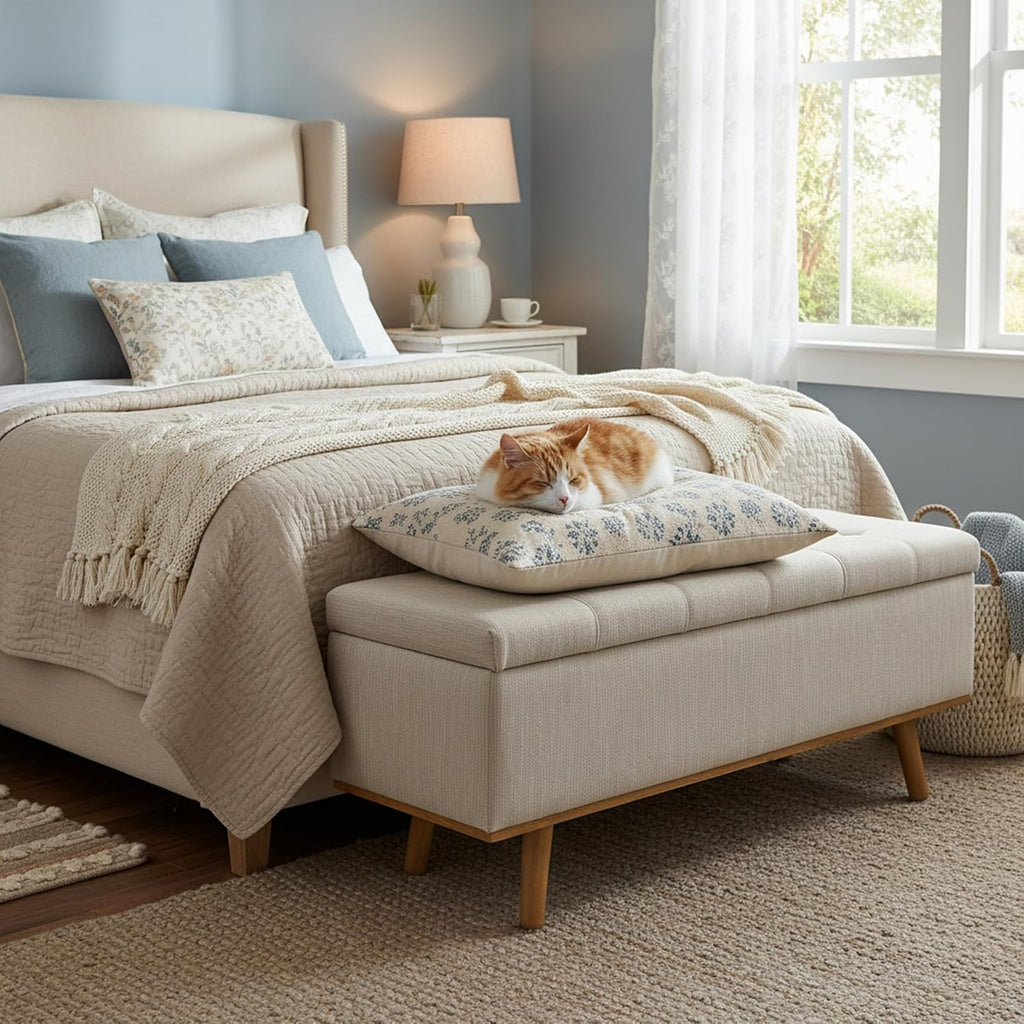Storage Ottoman Bench, 45" End of Bed Bench, Beige | Hidden Storage Space, Linen Upholstery, Padded Cushion Top