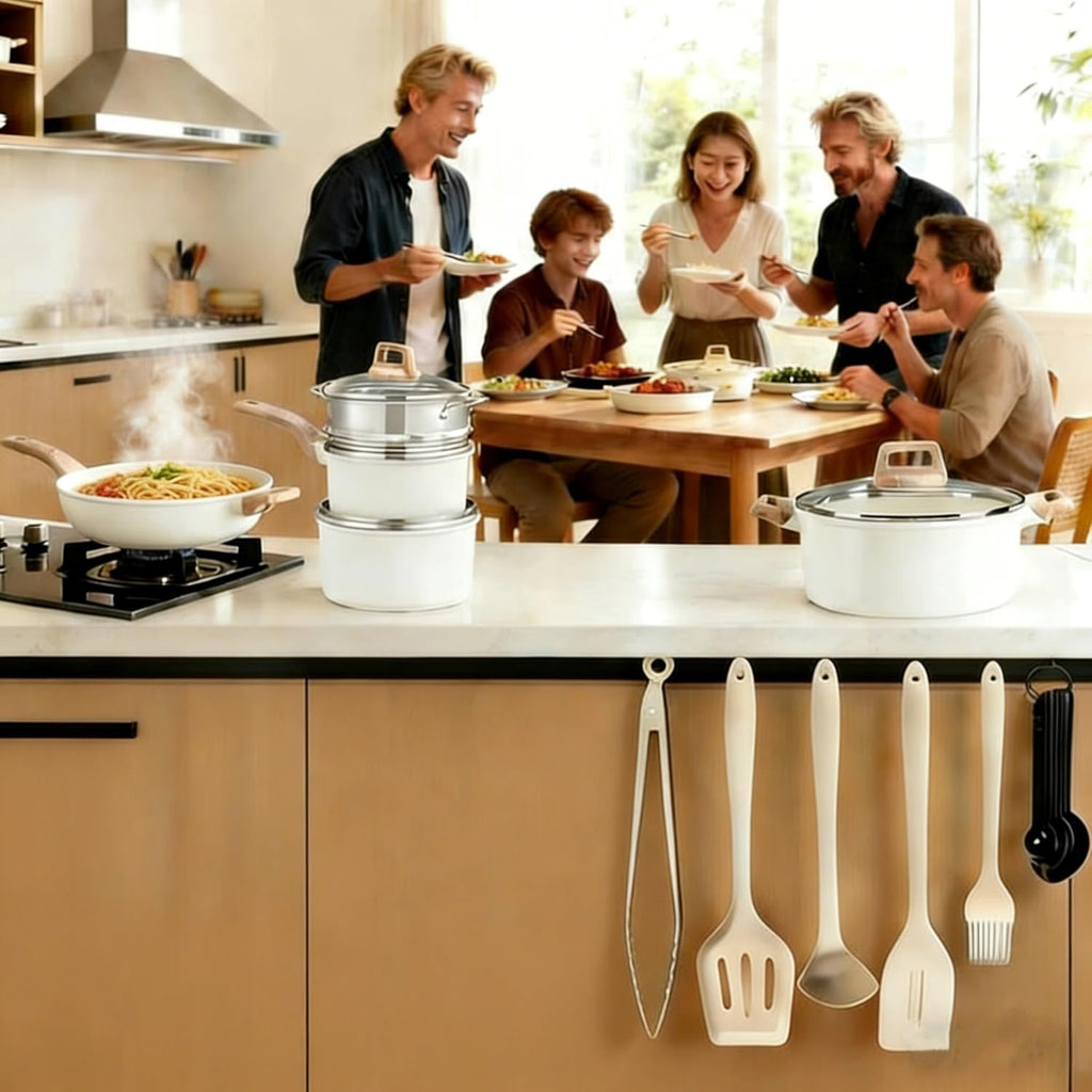 25Pcs Ceramic Cookware Set, Nonstick & Non-Toxic Healthy Pots and Pans, Heat-Resistant Handles, Induction Cookware