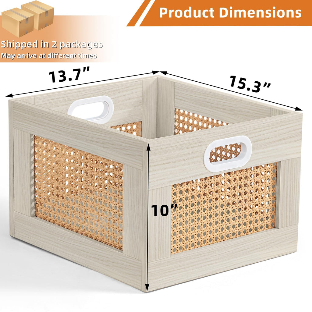 2 Pack Vinyl Record Storage Crates, Rattan Vinyl Record Holder