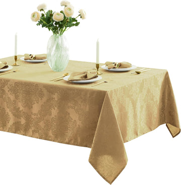 Barcelona Damask Fabric Tablecloth, 60 x 120 Inch Rectangle, Gold - No Iron, Soil Resistant Table Cover