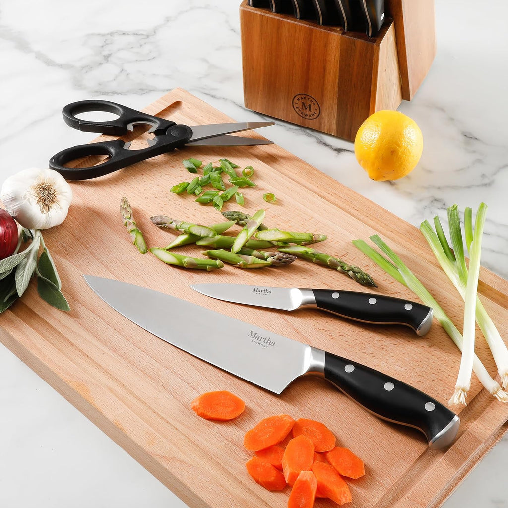 Greeley Forged High Carbon Stainless Steel 14 Piece Knife Block Set, Black Kitchen Knife Set with Acacia Wood Block