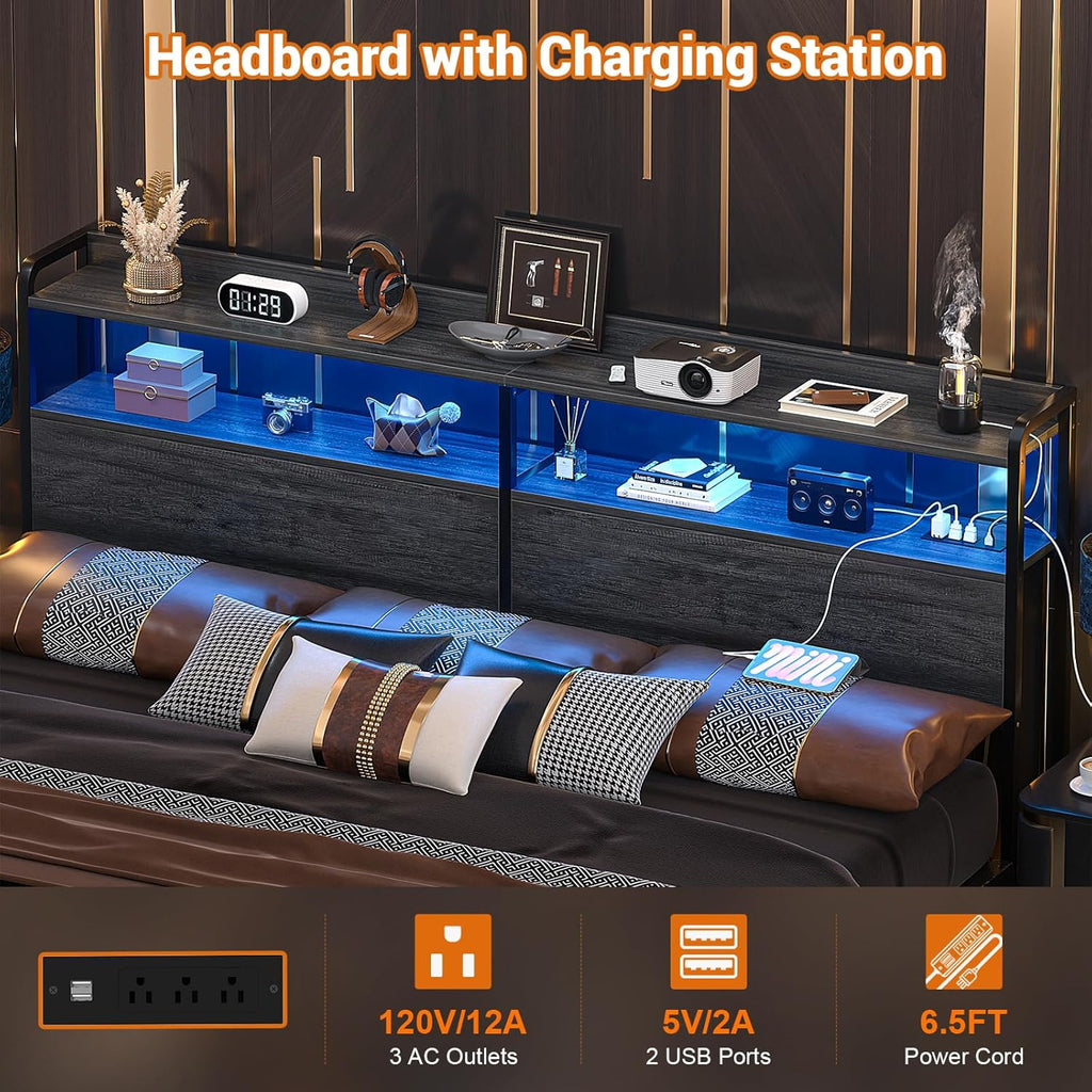 Headboard for King Bed Frame, Headboards with Outlets, USB Ports and LED Light, Head Board with Storage