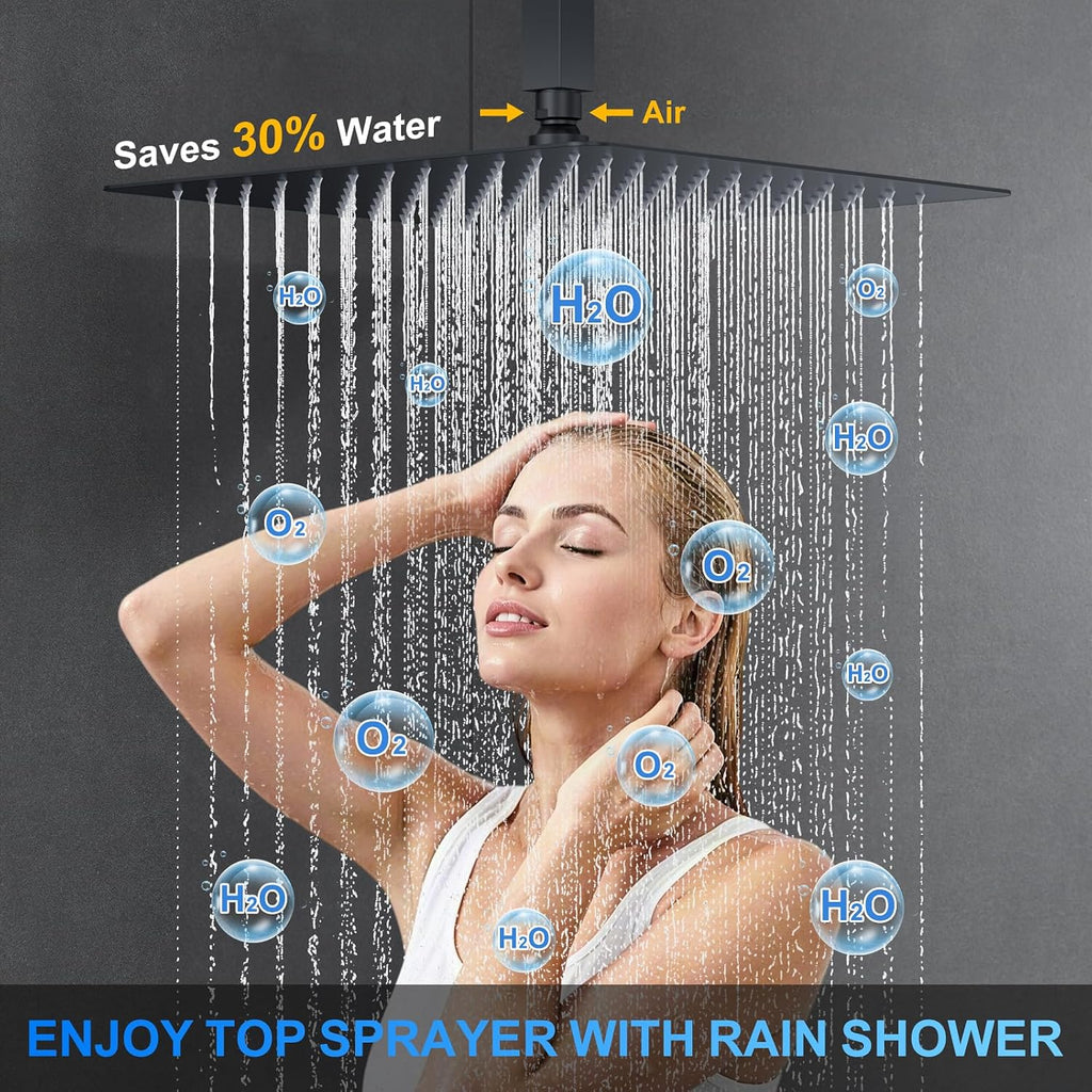 Shower Faucet Set, 12" Ceiling Mount Rainfall Shower System with 12'' Top Head+6'' Side Head and Multi-function