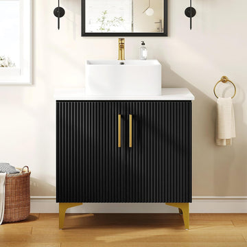 30 Inch Bathroom Vanity with Vacuum Forming, Freestanding Storage Cabinet Vanity with Engineered White Stone Countertop, 2 Large Soft Closing Doors with Shelf, Gold Handles & Legs, Black
