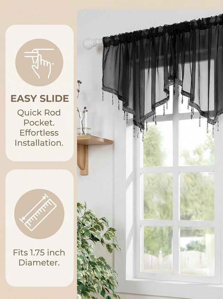 Swag Curtain 51 inch Length Rod Pocket Scalloped Curtain Valance Sheer Lace Panels with Hanging Crystal Beads for Kitchen Bedroom Window Treatments Drape Decor 1pc (Black, 51Wx23L)