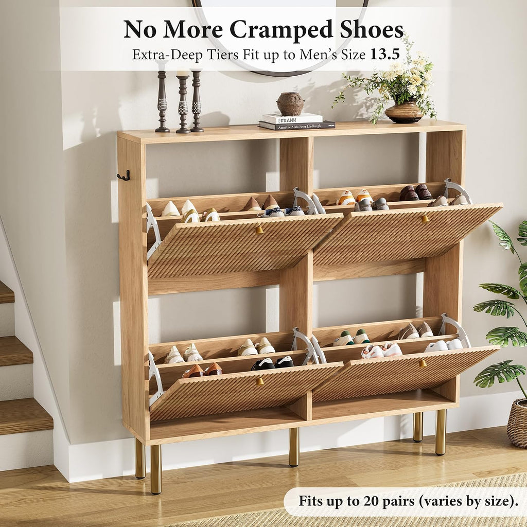 Shoe Storage Cabinet - Ultra Slim Shoe Cabinet with Tiered Fluted Design - Modern Shoe Organizer with Gold Legs