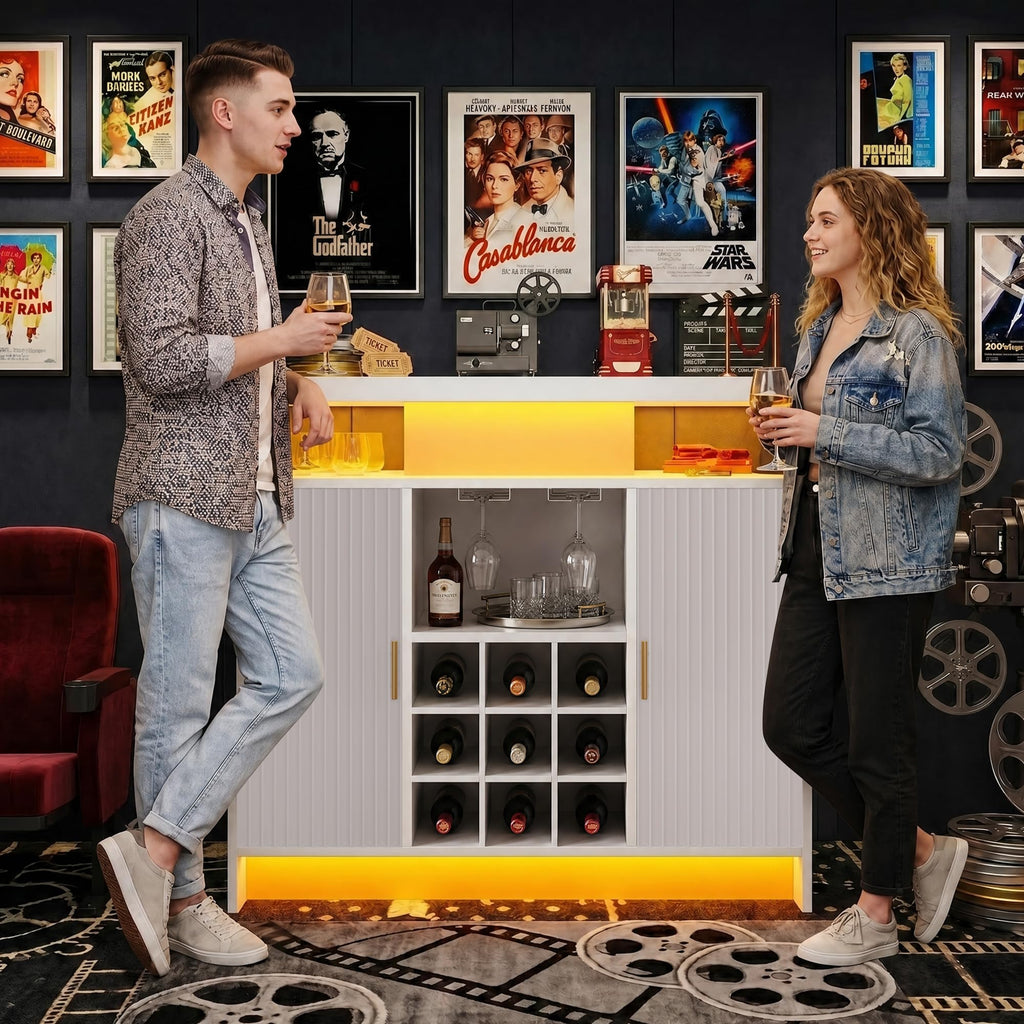 White Wine Cabinet, Fluted Coffee Bar with LED & Outlets