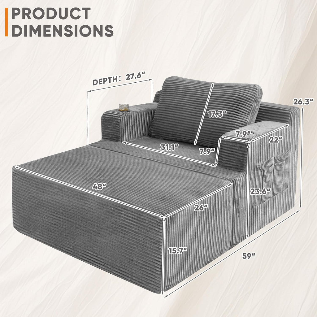 Oversized Chaise Lounge Chair, Cloud Couch with Fluffy Upholstered, Deep Seat Sleeper Sofa Bed with Two Cup Holders