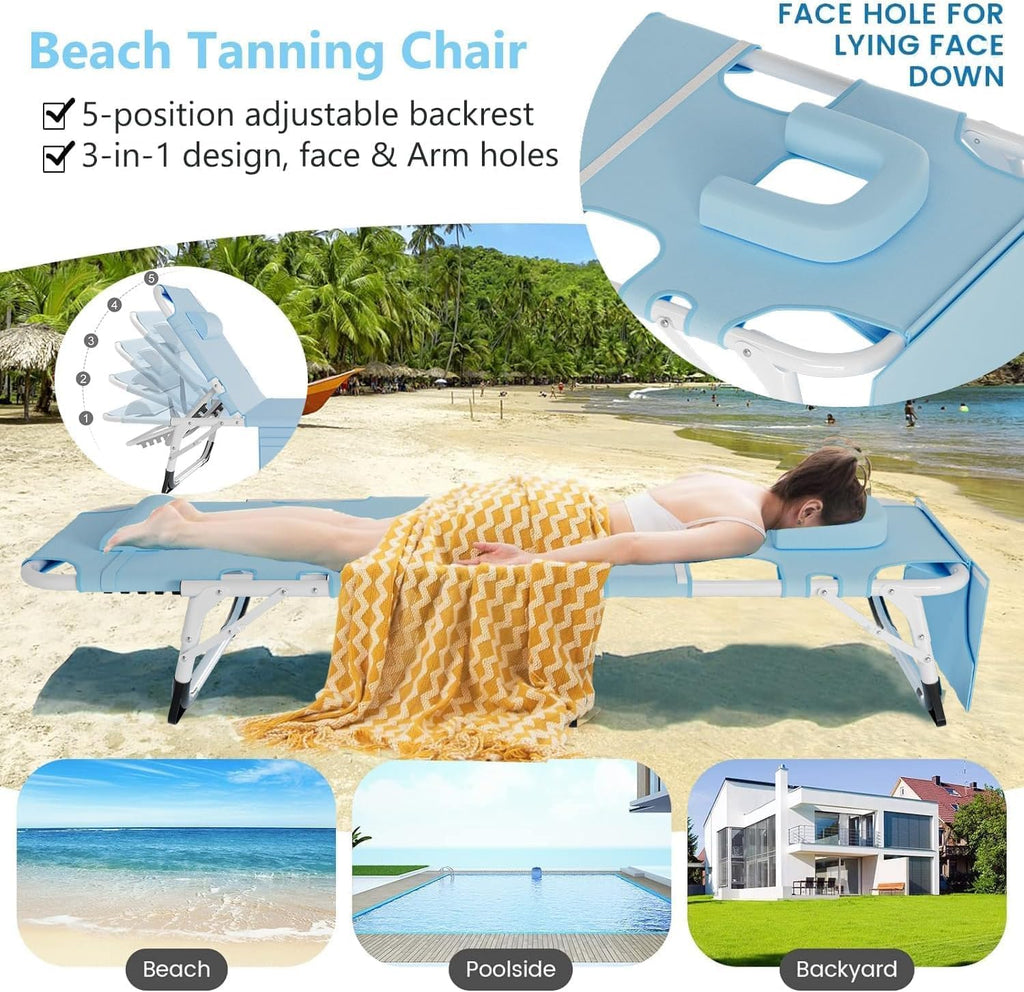 Folding Lounge Chair with Face Opening - Adjustable Outdoor Reclining Tanning Chair with Mattress, Heavy-Duty Sun