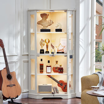 Farmhouse Corner Display Cabinet with Lock, White | Glass Display Cabinet with Doors, 3-Color Motion-Sensor Light &