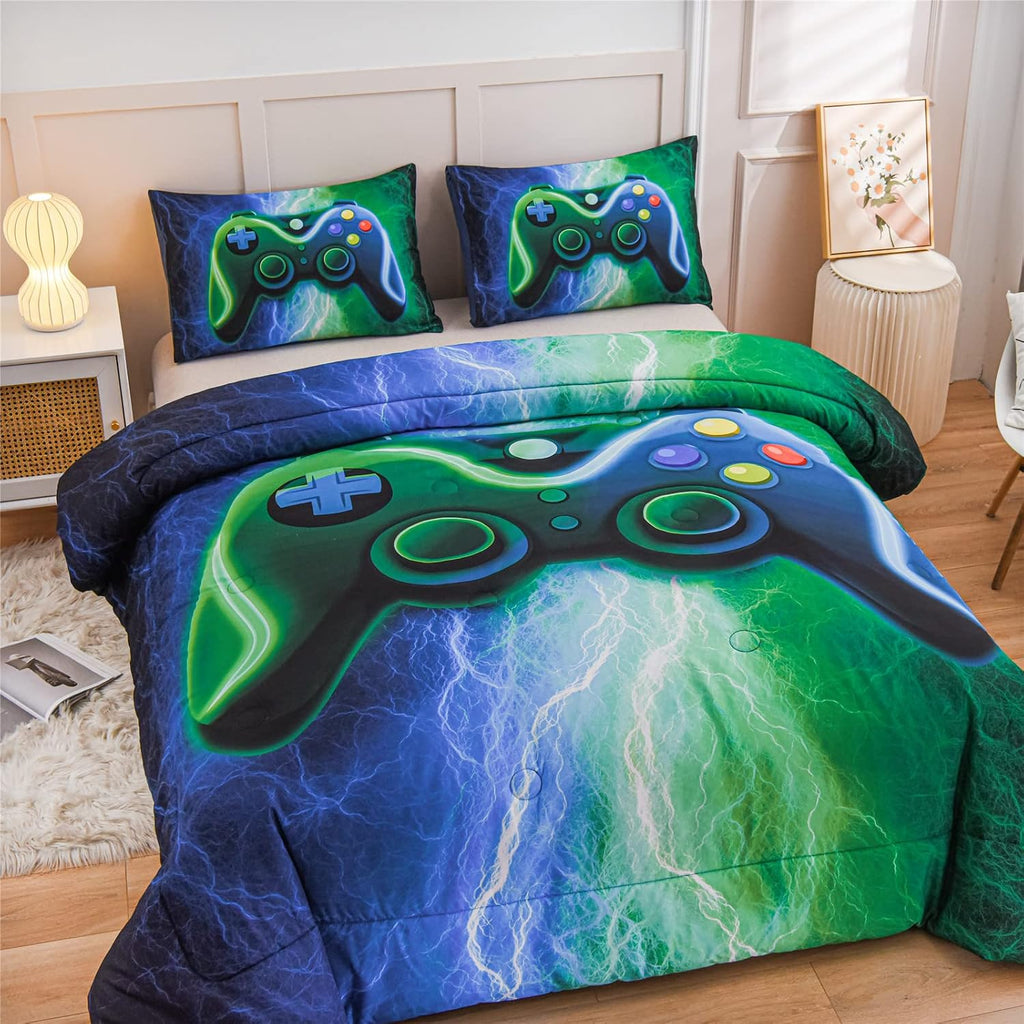 Gamer Gaming Bedding Sets Red Blue Lightnings Gamepad Comforter Set for Boys Games Console Action Buttons Novelty