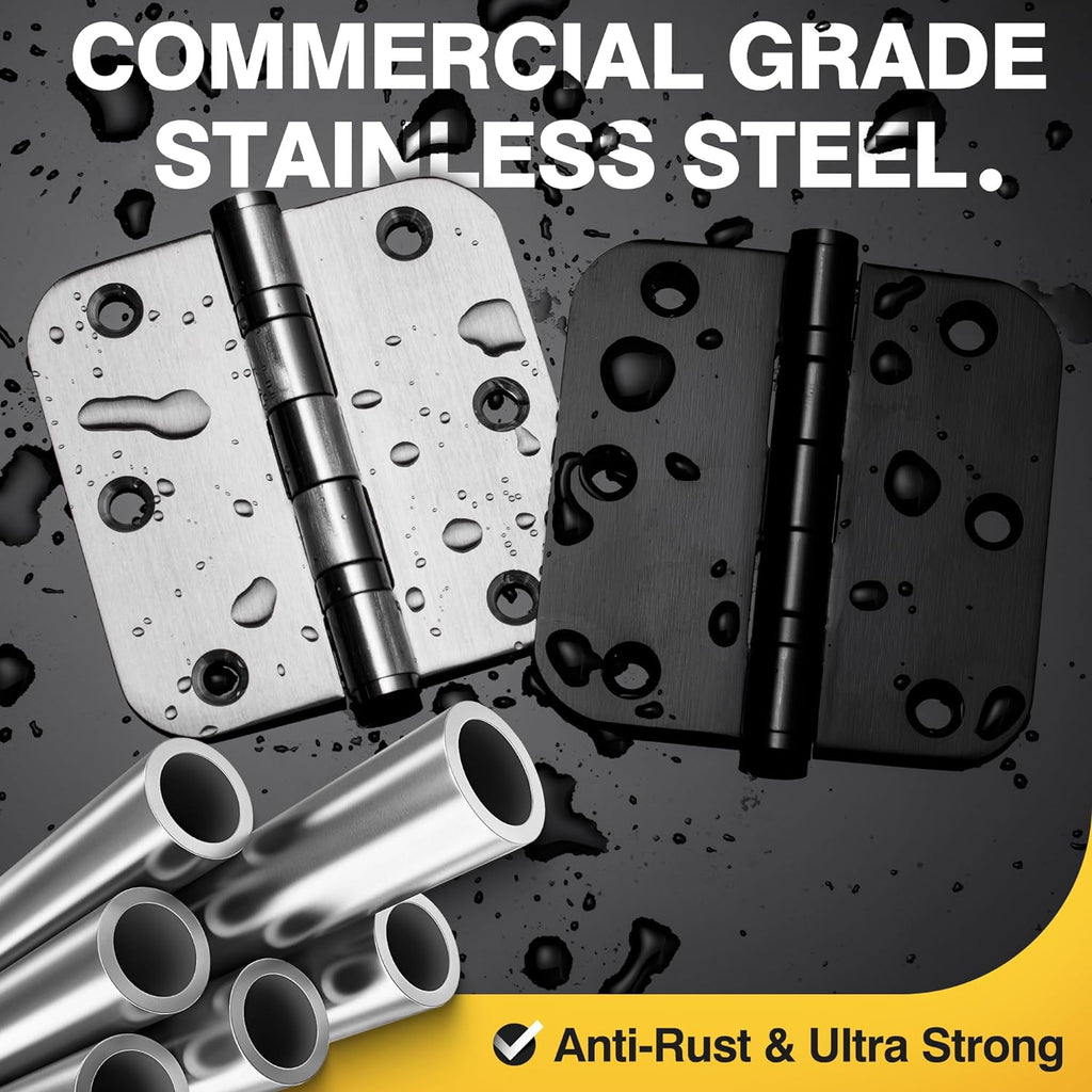 Ball Bearing Door Hinges, 3.5 Inches Black Door Hinges, 5/8'' Radius Corner Heavy Duty Stainless Steel Hinges
