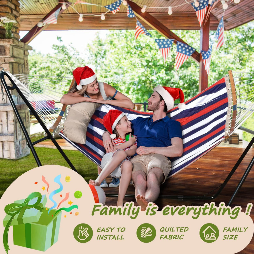 Double Hammock, 11 FT Quilted Fabric 2 Person Hammock for Outside with Pillow, Folding Curved Spreader Bar, Chains