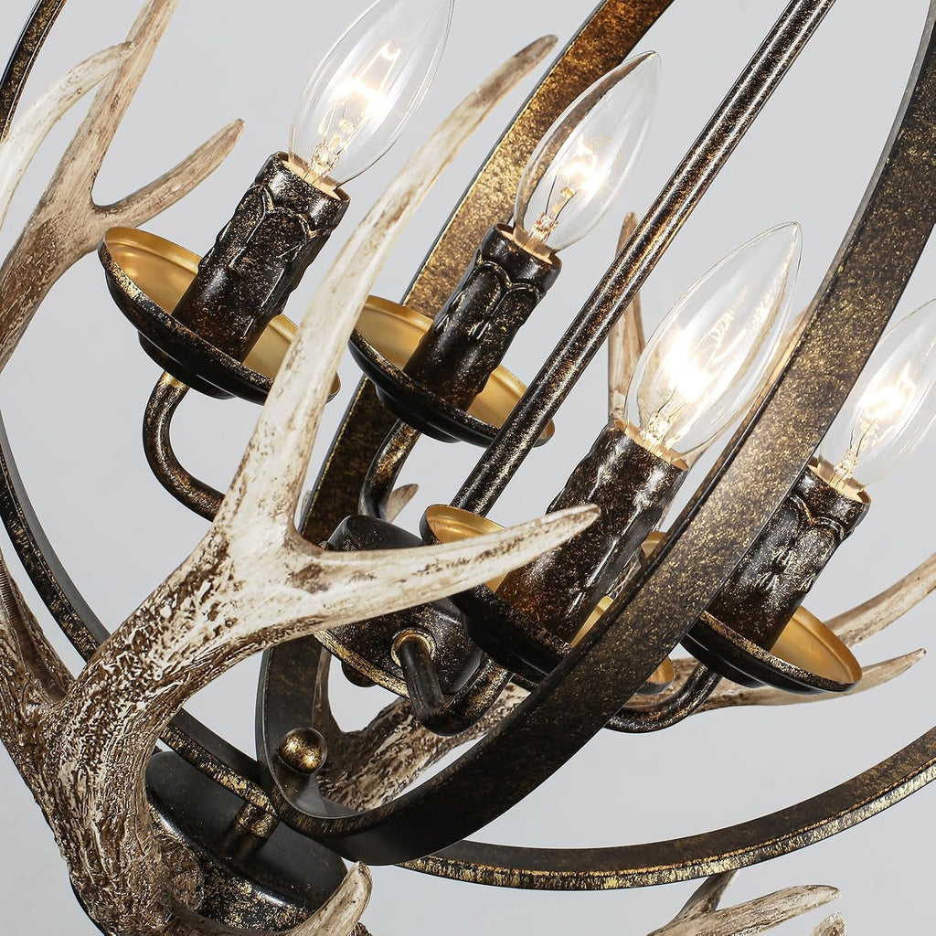 20" Retro Antler Chandelier, 4-Light Rustic Farmhouse Black Chandeliers Adjustable Height for Dining Room Kitchen