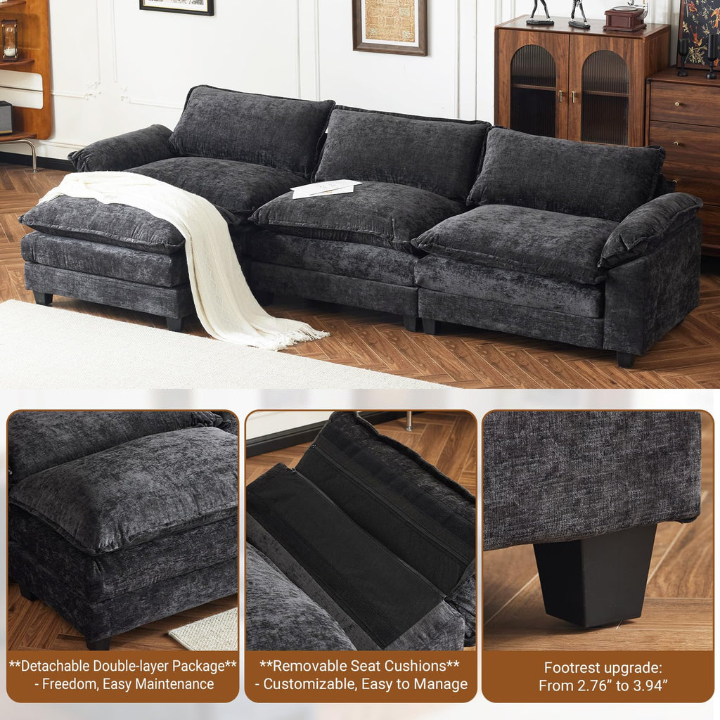 122" Cloud Black Convertible Sectional Sofa, Comfy L-Shape Extra Deep Seat Sofa Couch, Modern Chenille 3-Seat