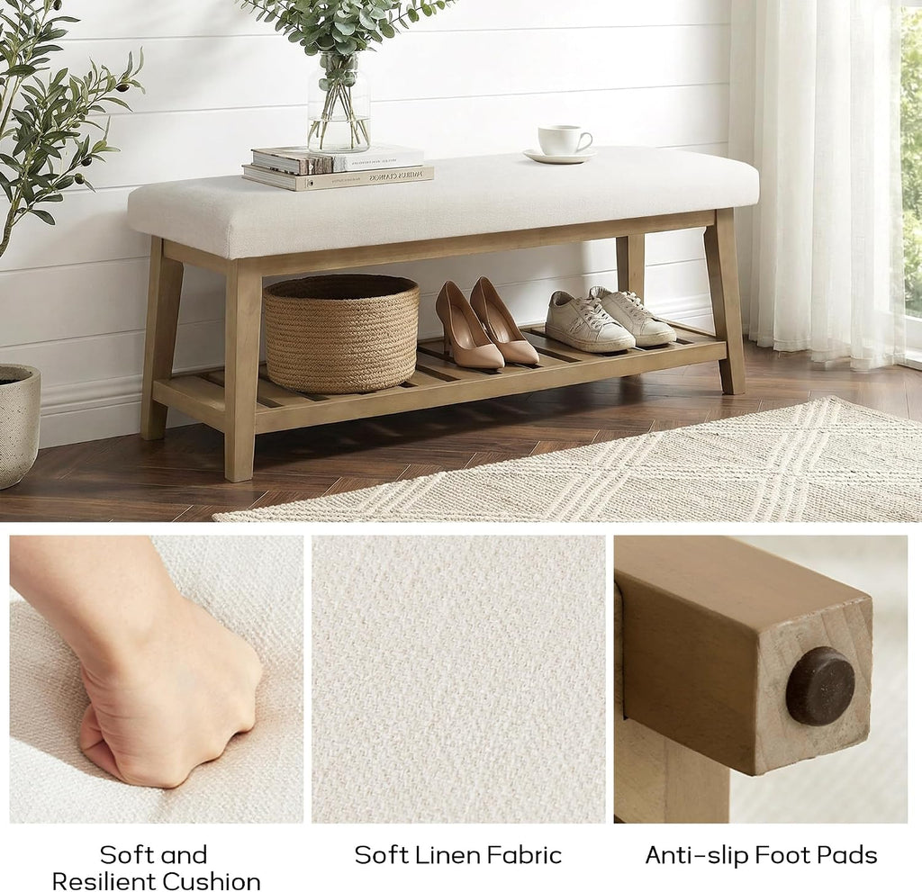 Entryway Bench with Cushion, Upholstered Shoe Rack Bench with Solid Wood Shelf, 44" End of Bed Bench , Chenille