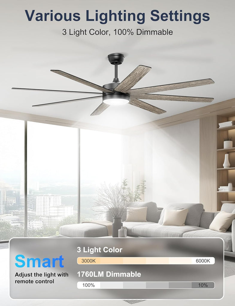 72'' Large Ceiling Fans with Lights, Modern Black Ceiling Fan Remote/APP Control, Dimmable