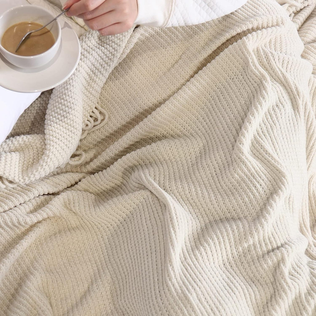 Chenille Throw Blanket 50x60 - Soft Boho Knitted Blanket, Lightweight All Season White/Cream Blanket, Decorative