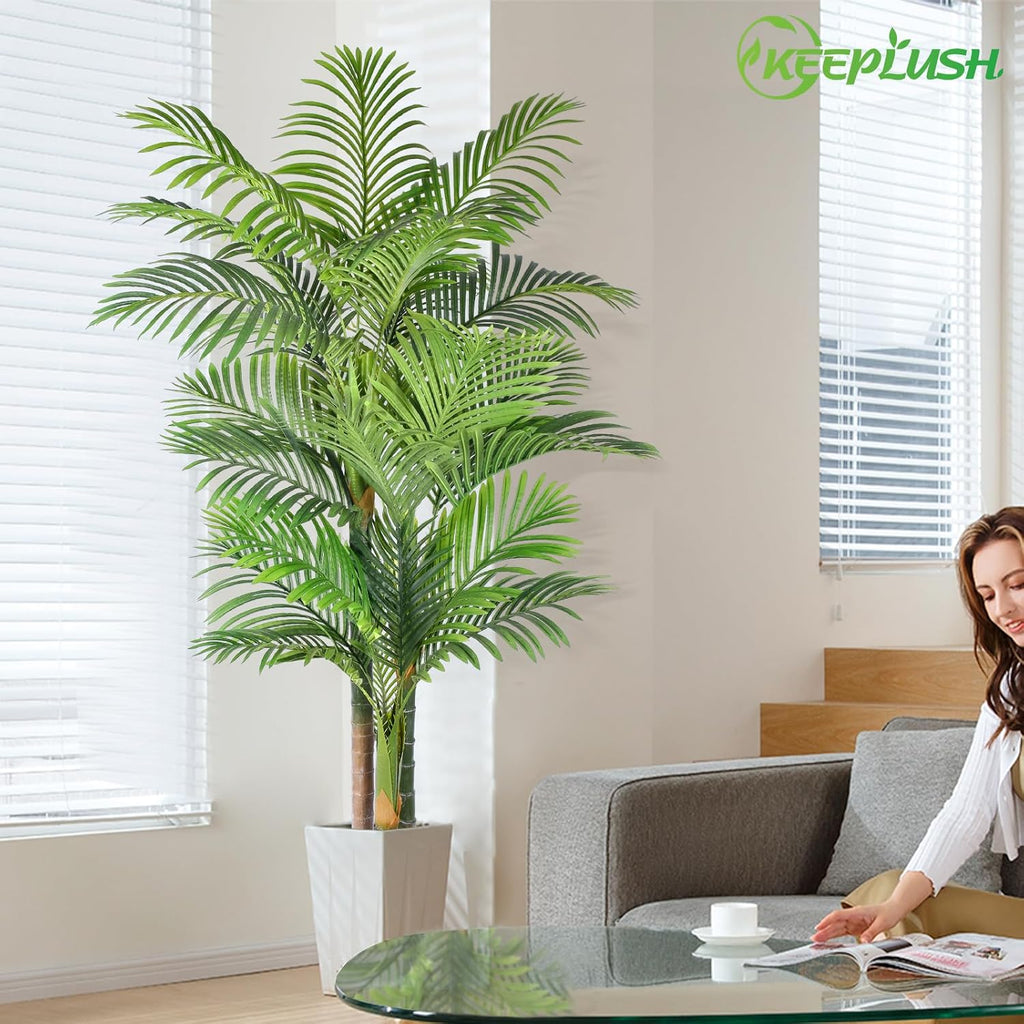 6ft Tall Triple Golden Cane Palm Artificial Tree Large Tropical Palm Tree UV Resistant Fake Plant in Pot Outdoor Big
