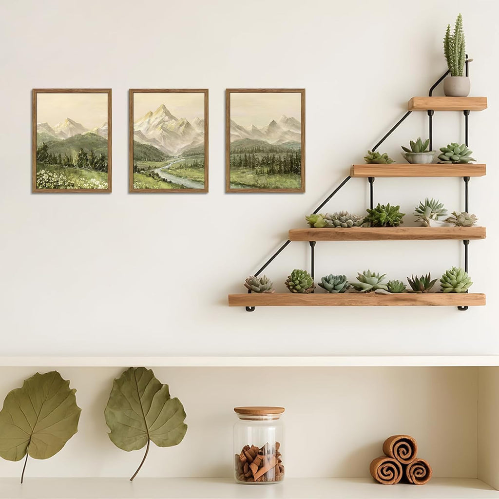 Framed Mountain Wall Art , Green Nature Landscape Canvas Wall Decor Set of 3, Vintage Forest Rustic Farmhouse Prints