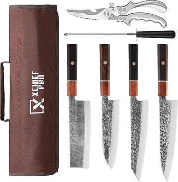Japan Knife Set, High Carbon Steel Japan Nakiri Santoku Knife Set, Hand Forged Meat Cleaver Butcher Knife with