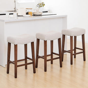 Counter Height Bar Stools Set of 3-26 Inch Backless Saddle Barstools with 4.3" Thick Upholstered, Nailhead Trim Linen