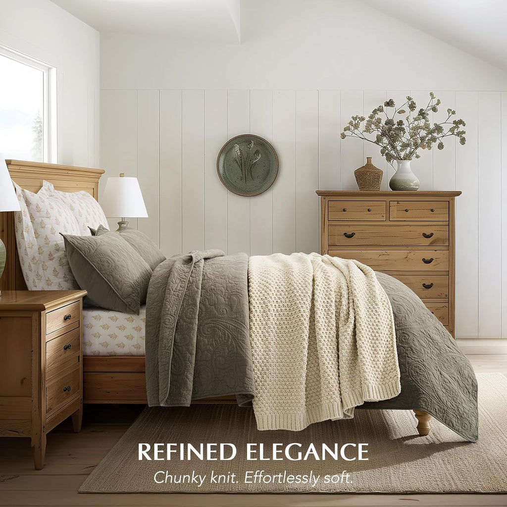 Chunky Chenille Knit Throw Blanket, Soft Luxurious Moss Stitch Blankets, Cozy Decorative Farmhouse Knitted Throws