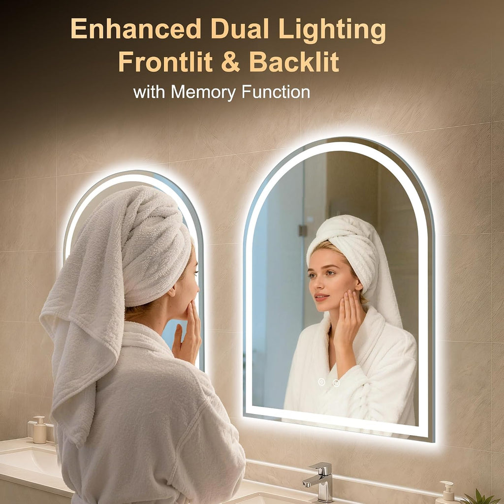 Arched LED Bathroom Mirror with Lights, 24"×32" Lighted Vanity Mirror for Bathroom, Smart Anti-Fog