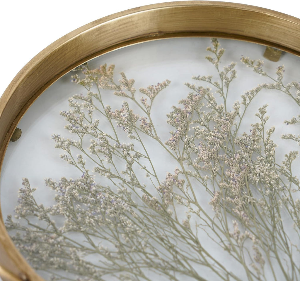 Decorative Tray with Natural Dried Botanical Grass, Round Gold Metal Frame, Mirror Glass Serving Tray, Vintage