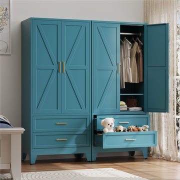 Metal Wardrobe Cabinet with Hanging Rod, 71" Armoire Wardrobe Closet with 2 Drawers, Farmhouse Metal Clothing Storage