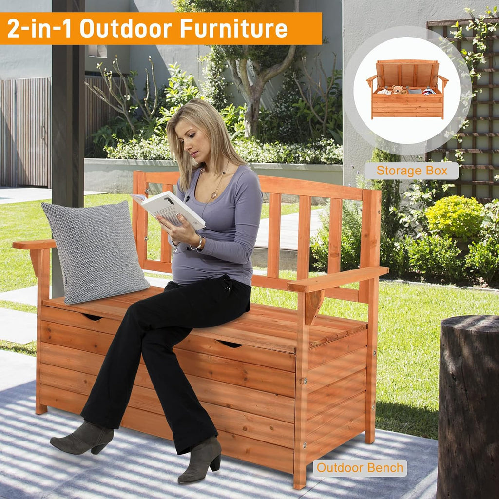 Outdoor Wood Storage Bench, Deck Box Loveseat, Natural | Waterproof Patio Organizer Provides Seating and Storage for
