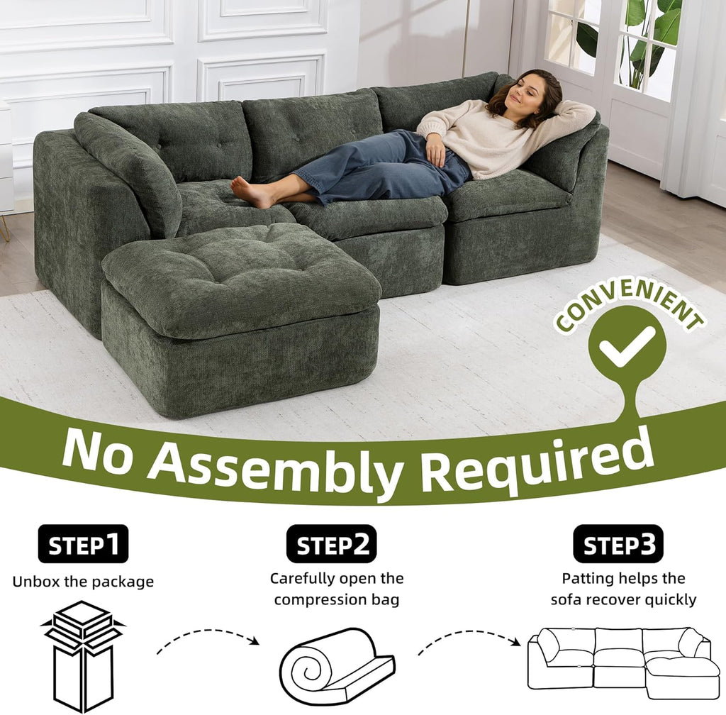 Tufted Cushions Cloud Sectional Boneless Sectional Sofa with Movable Ottoman, 112" Oversized Modular Convertible L