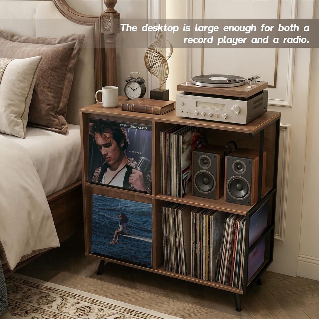 3 Tier Record Player Stand with Flip-Down Record Shelf, Walnut