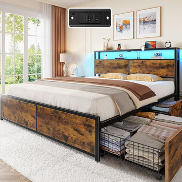 Full Bed Frame with 4 Storage Drawers, Charging Station and LED Lights