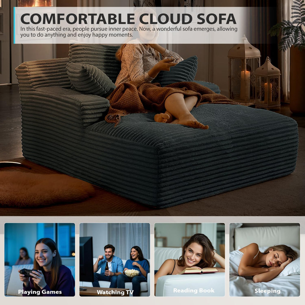 50 Inch Chaise Lounge Chair Indoor, Oversized Corduroy Upholstered Boneless Sofa Bed, Deep Seat Sleeper Couch Reading