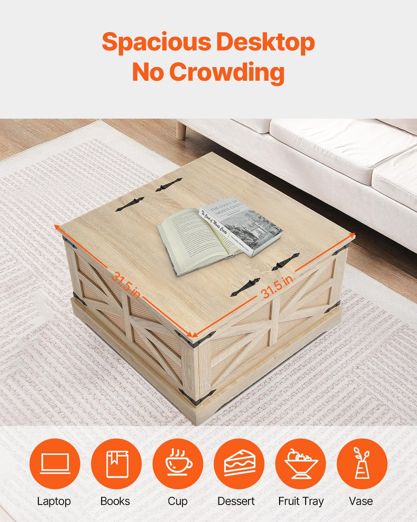 Rattan Coffee Table, Rectangle PE Rattan Woven Wood Coffee Table with MDF Top, 32-Inch Modern Boho Style Storage