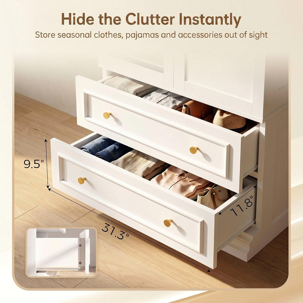 Armoire Wardrobe Closet with Full Length Mirror, 3 Open Shelves | 71" Freestanding Bedroom Armoire with 2 Drawers, 3